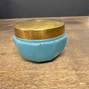 Vintage Ruth Maurer Rudemar blue glass cosmetic empty jar with golden lid